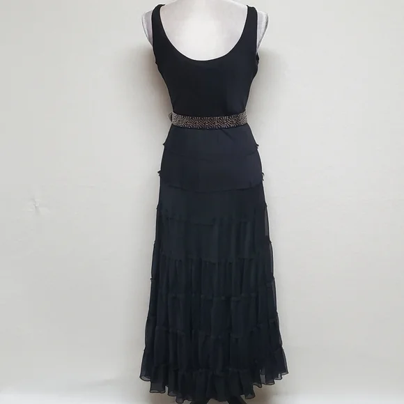 𝅺VINTAGE Jones Wear Black Chiffon Sleeveless Tiered Ruffle Full Skirt Midi Dres - Picture 11 of 15